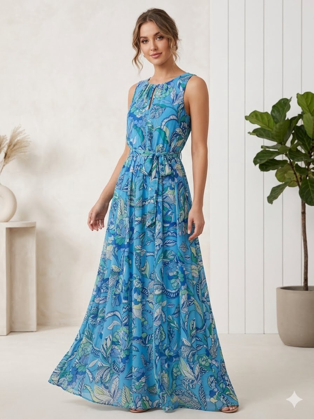 Blue Floral Maxi Dress with Tie Waist